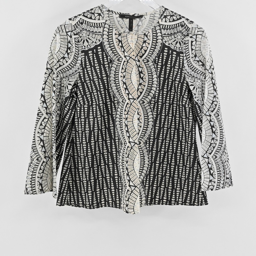 BCBGMaxAzria Womens Kyndal Top Size XS Black Beige Print Long Sleeve Blouse